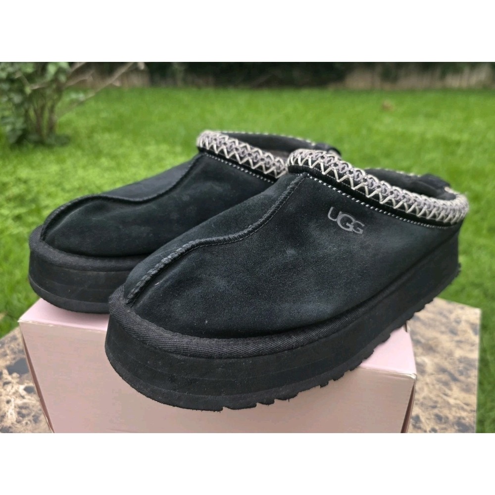 UGG TAZZ BLACK SUEDE SHEEPSKIN MULE PLATFORM WOMEN'S SLIPPERS SIZE US 9/UK 7